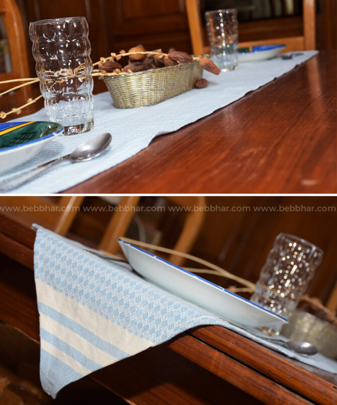 Chemin de table cousu en fouta tunisienne traditionnelle 100% coton. Vous pouvez aussi l'utiliser comme chemin de lit