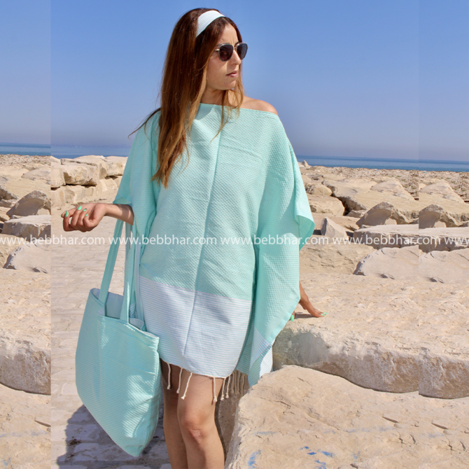 Lot de plage de 6 pièces en fouta tunisienne 100% coton, composé d'une robe de plage de taille standard, un très grand sac de plage avec doublure, une pochette fourre-tout, une trousse pour le téléphone, un porte monnaie et un serre tête