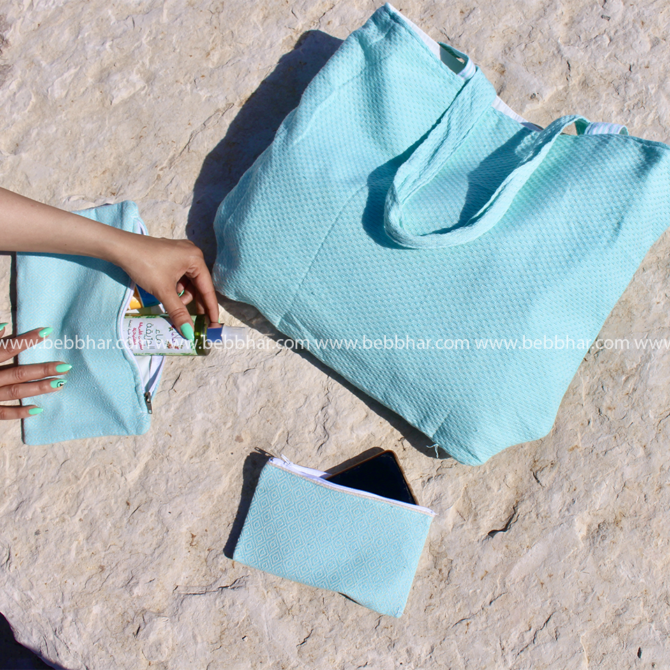 Lot de plage de 6 pièces en fouta tunisienne 100% coton, composé d'une robe de plage de taille standard, un très grand sac de plage avec doublure, une pochette fourre-tout, une trousse pour le téléphone, un porte monnaie et un serre tête