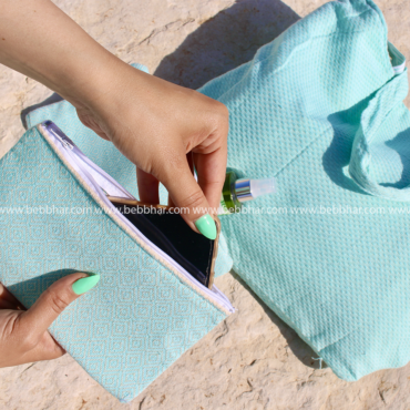 Lot de plage de 6 pièces en fouta tunisienne 100% coton, composé d'une robe de plage de taille standard, un très grand sac de plage avec doublure, une pochette fourre-tout, une trousse pour le téléphone, un porte monnaie et un serre tête