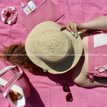 Lot de plage de 5 pièces en fouta tunisienne 100% coton, composé d'une robe de plage de taille standard, un grand sac de plage avec doublure, une fouta, une pochette fourre-tout et un chouchou pour les cheveux