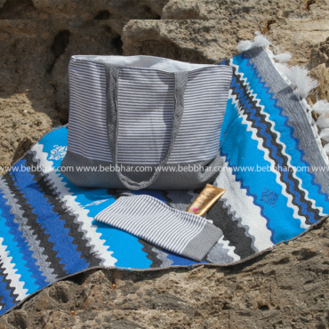 Lot de plage de 4 pièces en fouta tunisienne 100% coton composé d'un très grand sac avec doublure, une pochette fourre-tout, une trousse et un porte monnaie