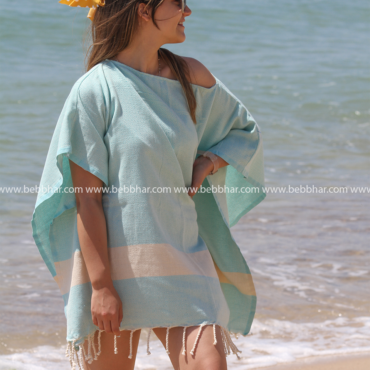 Lot de plage en fouta tunisienne chevron 100% coton composé d'une robe poncho de taille standard, un grand sac de plage avec doublure, une trousse pour le téléphone et un serre tête