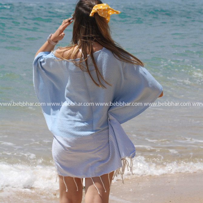 Lot de plage en fouta tunisienne 100% coton composé d'un très grand sac, une robe poncho de taille standard, une trousse pour le téléphone, un porte monnaie et un chouchou pour les cheveux