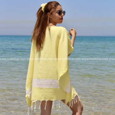 Lot de plage en fouta tunisienne 100% coton composé d'une robe de plage poncho, d'un grand sac de plage avec doublure, d'une pochette fourre-tout et un chouchou