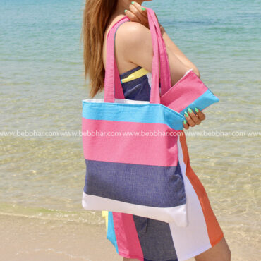 Lot de plage de 4 pièces en fouta tunisienne 100% coton composé d'une robe porte feuille, d'un sac d plage, une trousse pour le téléphone et un chouchou pour les cheveux