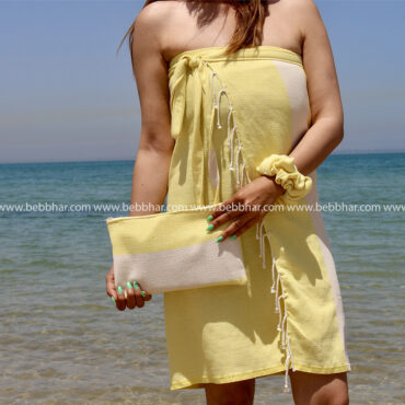 Lot de plage en fouta tunisienne 100% coton composé d'une robe de plage porte-feuille, d'un grand sac de plage avec doublure, d'une pochette fourre-tout