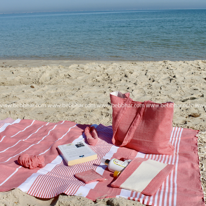 Lot de plage de 7 pièces en fouta tunisienne 100% coton, composé d'une robe de plage de taille standard, un grand sac de plage avec doublure, une fouta, une pochette fourre-tout, un porte monnaie, un chouchou pour les cheveux et un serre tête