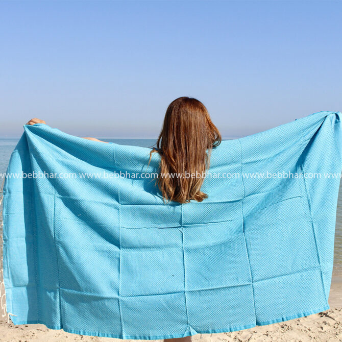 Lot de plage en fouta tunisienne 100% coton composé d'une robe poncho de taille standard, une fouta, un grand sac de plage avec doublure, une pochette fourre-tout et un chouchou