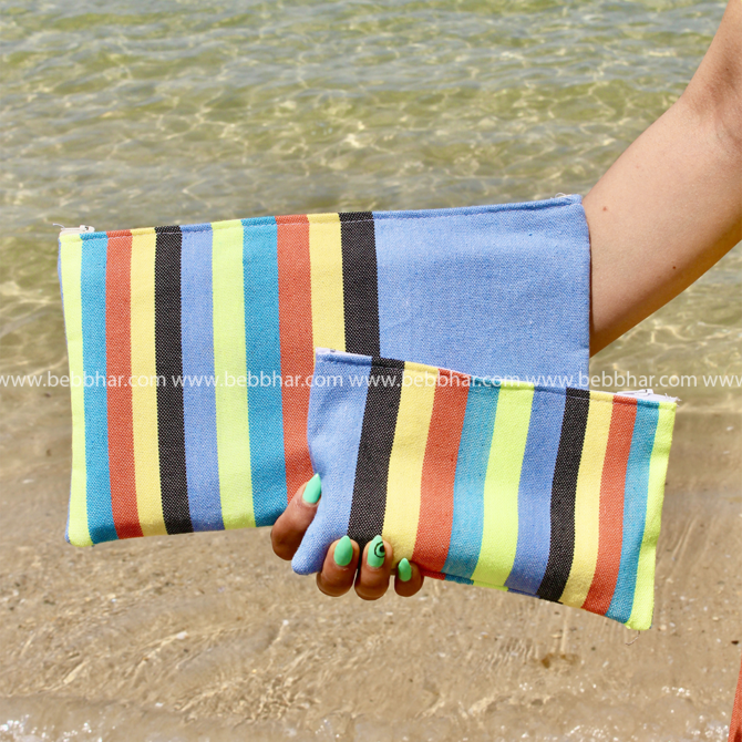 Lot de plage en fouta tunisienne 100% coton composé d'une robe porte-feuille, un sac avec doublure, une pochette fourre-tout avec doublure, une trousse pour le téléphone et un chouchou pour les cheveux