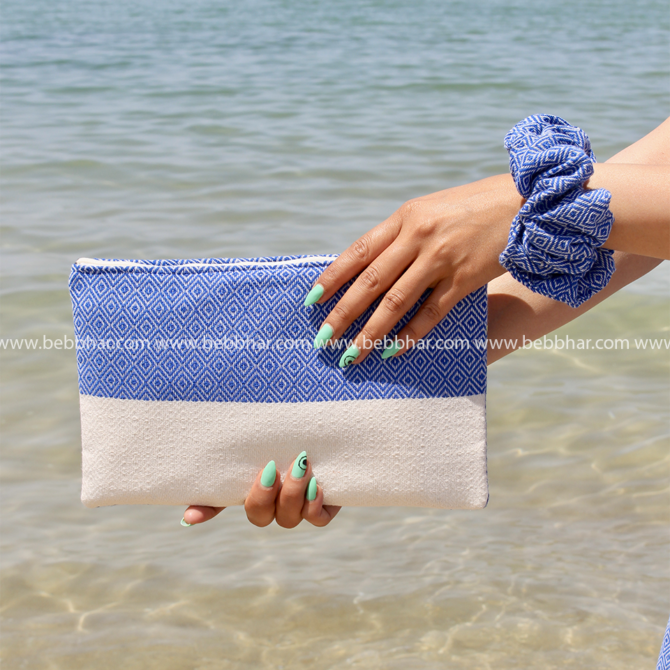 Lot de plage en fouta tunisienne 100% coton composé d'une robe de plage poncho, d'un grand sac de plage avec doublure, d'une pochette fourre-tout et un chouchou