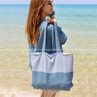 Lot de plage de 4 pièces en fouta tunisienne 100% coton composé d'une robe poncho de plage de taille standard, un grand sac de plage, une pochette, et un chouchou
