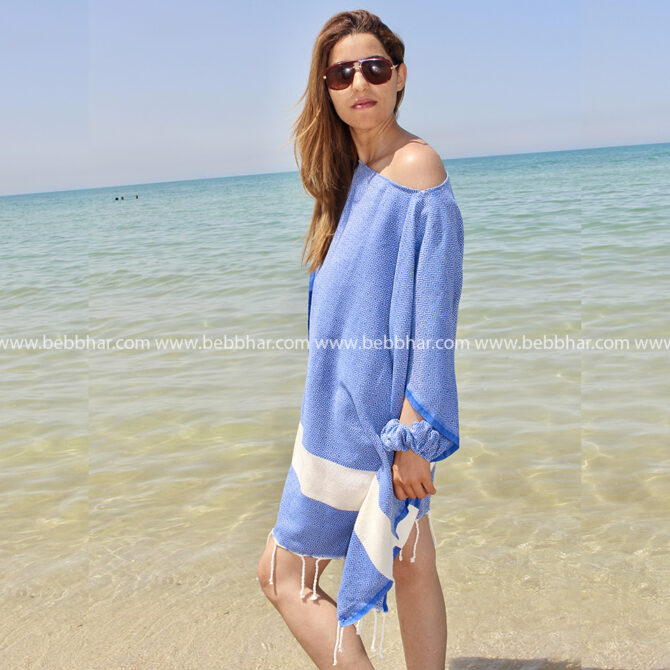 Lot de plage en fouta tunisienne 100% coton composé d'une robe de plage poncho, d'un grand sac de plage avec doublure, d'une pochette fourre-tout et un chouchou