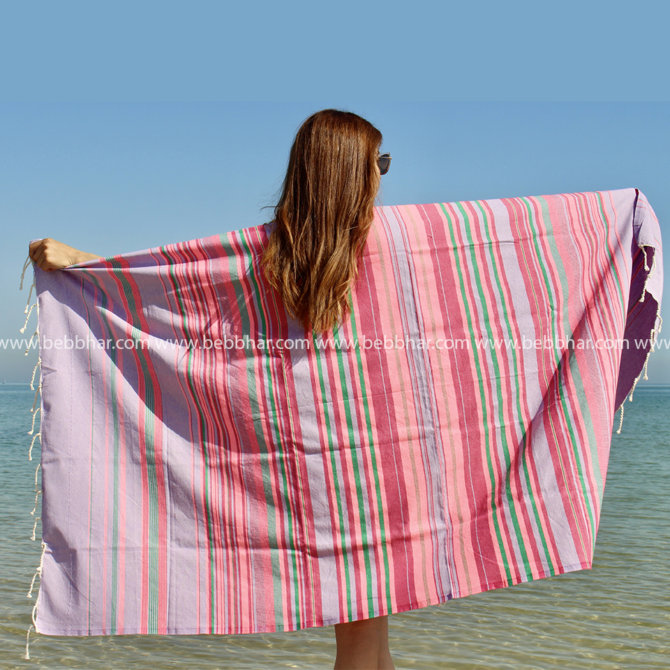 Fouta tunisienne multicolore 100% coton, de dimensions: 2m/1m avec des franges nouées à la main 