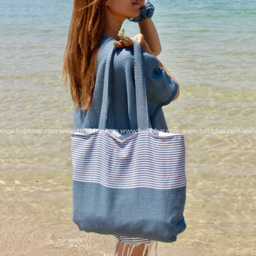 Lot de plage de 4 pièces en fouta tunisienne 100% coton composé d'une robe poncho de plage de taille standard, un grand sac de plage, une pochette, et un chouchou