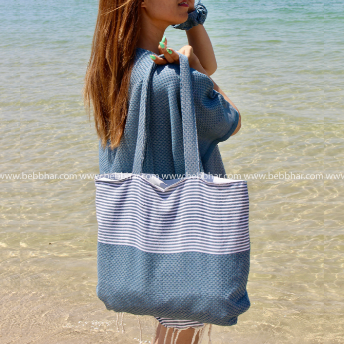 Lot de plage de 4 pièces en fouta tunisienne 100% coton composé d'une robe poncho de plage de taille standard, un grand sac de plage, une pochette, et un chouchou