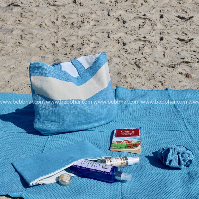 Lot de plage en fouta tunisienne 100% coton composé d'une robe poncho de taille standard, une fouta, un grand sac de plage avec doublure, une pochette fourre-tout et un chouchou