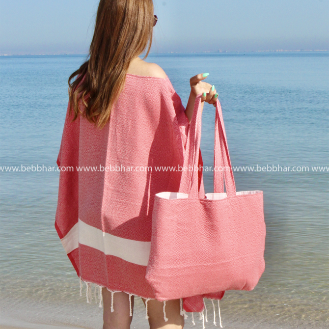 Lot de plage de 7 pièces en fouta tunisienne 100% coton, composé d'une robe de plage de taille standard, un grand sac de plage avec doublure, une fouta, une pochette fourre-tout, un porte monnaie, un chouchou pour les cheveux et un serre tête