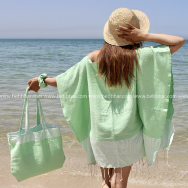 Lot de plage en fouta tunisienne 100% coton composé d'une robe poncho de taille standard, un très grand sac de plage avec doublure, un serre tête et un chouchou pour les cheveux